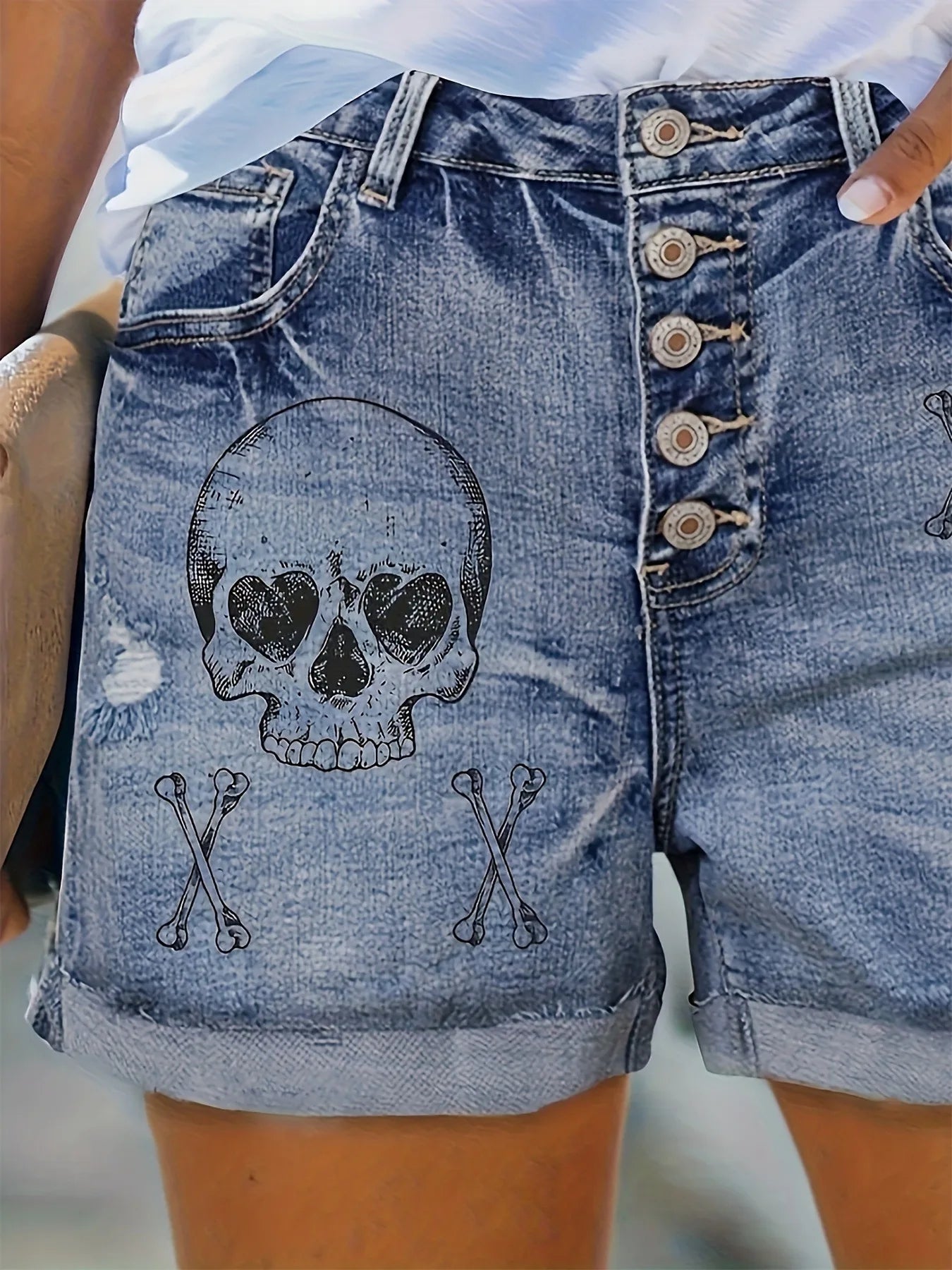 2025 Summer New Retro Punk Skull Printed Ripped Denim Shorts For Women Casual Elastic Curled Jeans Shorts