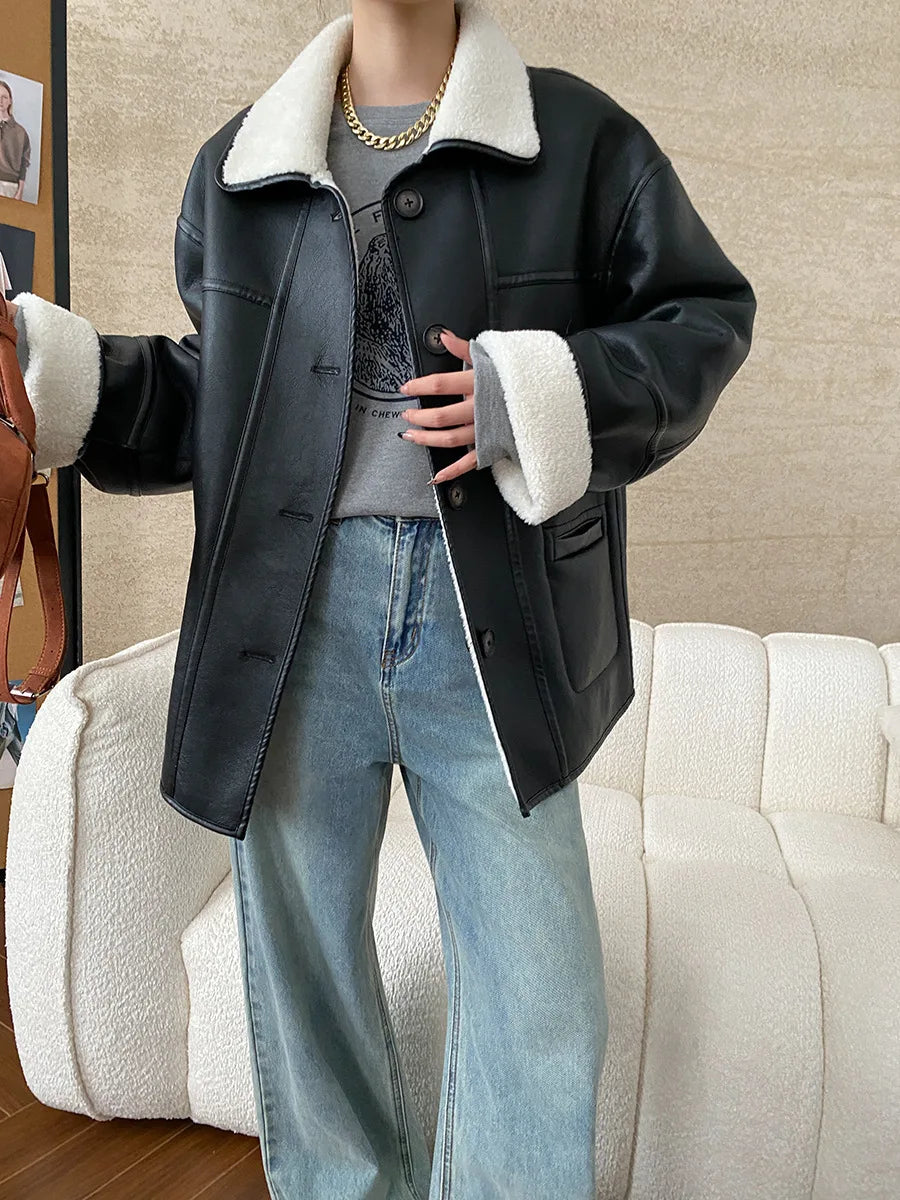 [LANMREM] Faux Fur Thick Warm Coats Lapel Single Breasted Office Lady Elegant Female Outwear Fashion 2025 Winter New 26C1095