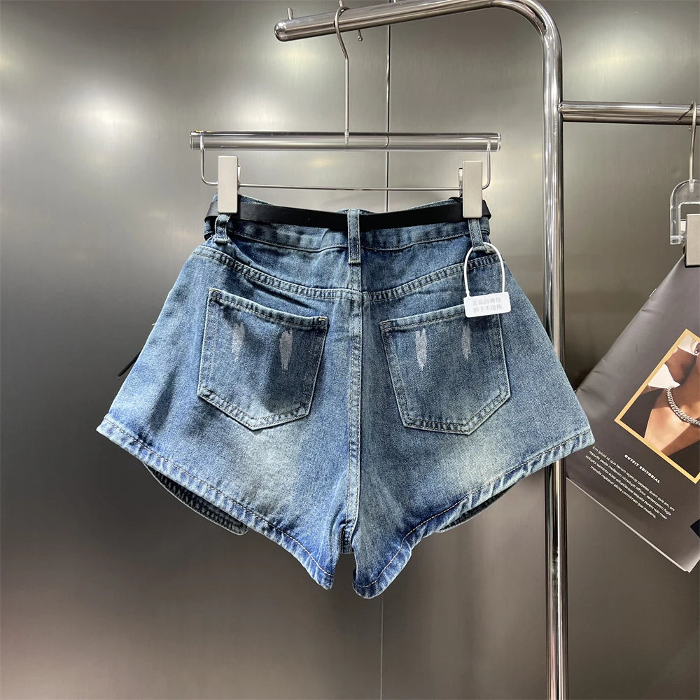 Women's Elastic Bud Denim Shorts High Waist Pocket Loose Wide Leg Jeans Pants Streetwear Casual Summer Fashion Short Pants