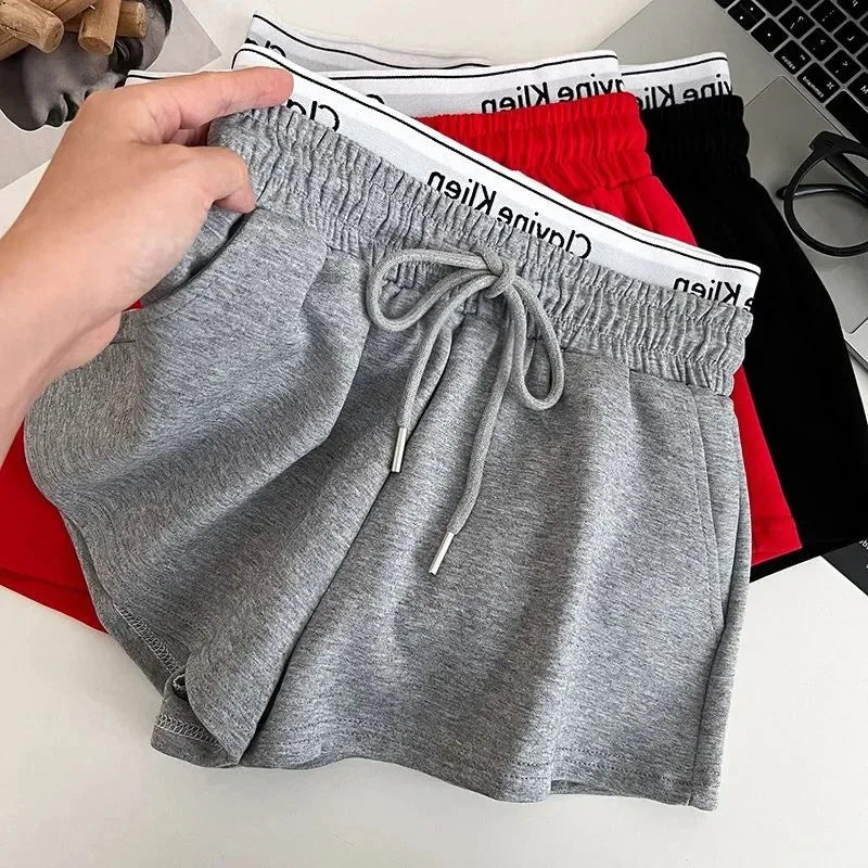 High Waist Drawstring Elastic Shorts Casual Sports Hot Pants Women's Summer New Letter Print Slimming Fake Two-Piece Pants