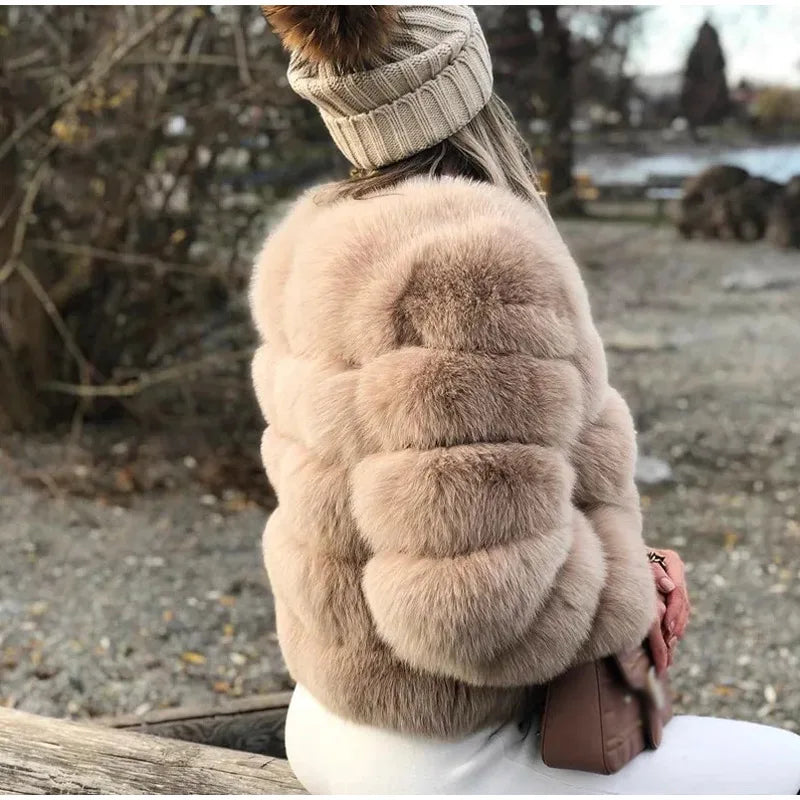 Fur Faux Jacket Women Coat Elegant Round Neck Long Sleeve Furry Female Coats 2024 Winter Fashion Lady Warm Solid Streetwears