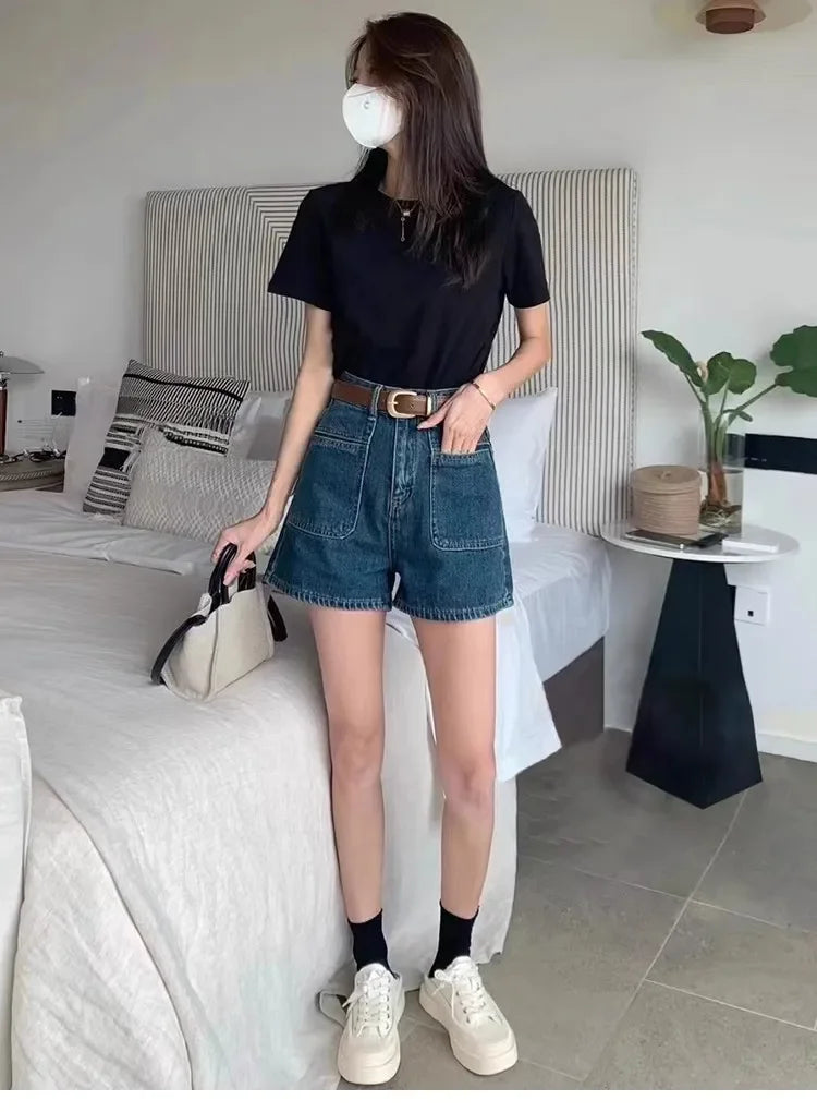 Retro High Waist Straight Jeans Shorts Female Hot Girl Versatile Slim A-line Loose Wide-leg Hot Pants Ins