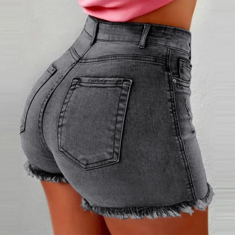 Denim Shorts Women Vintage Jeans Tassel Washed Distressed Skinny Mid Waist Pockets Streetwear Female 2025 Straight Short Pants