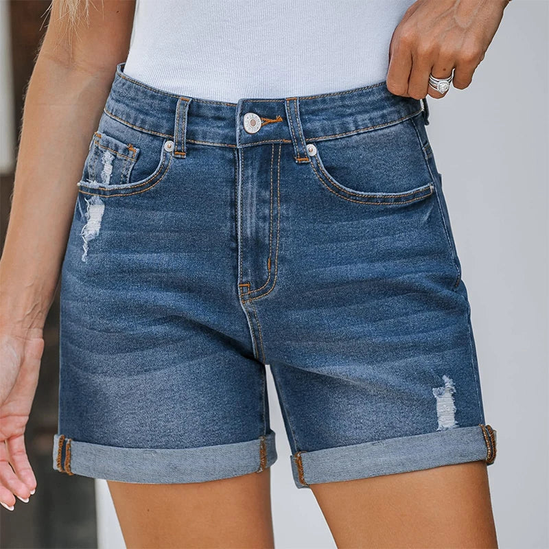 High Street Worn-Out Rolled Women Jean Shorts Summer New Straight Slimming Denim Shorts Korean Fashion Plain Female Hot Pants