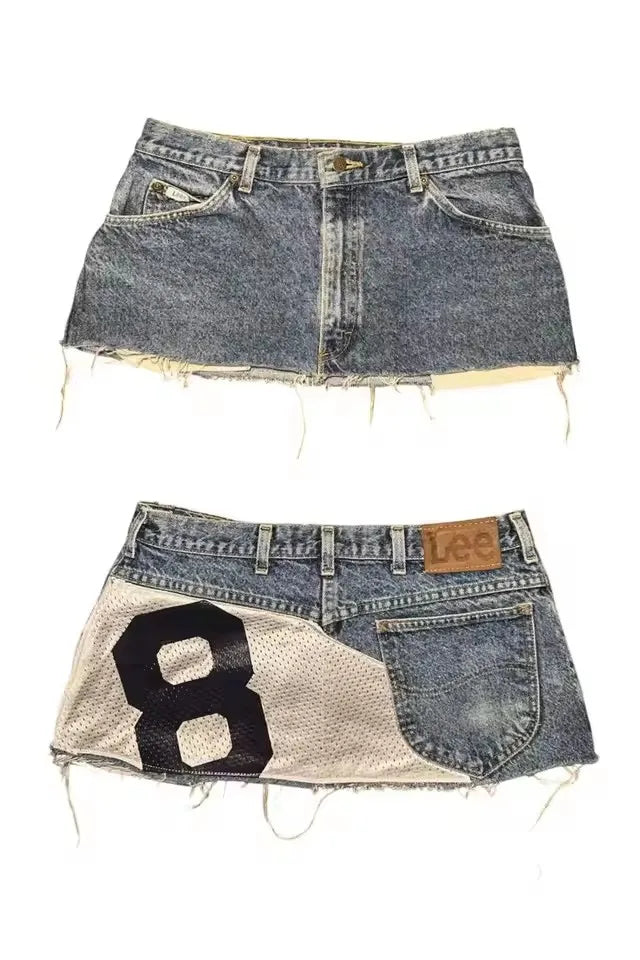 Women Sweetheart Retro Denim Short Y2K Short Skirt Hiphop Digital Patchwork Patchwork Baggy Short High Waist Slim Fit Mini Skirt