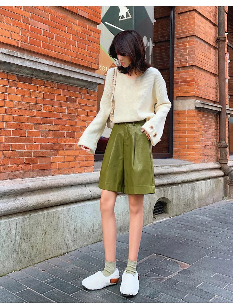QOERLIN S-4XL Fashion PU Leather Shorts Women's Autumn Winter Bermuda Elastic Waist Loose Five Points Leather Trousers Shorts