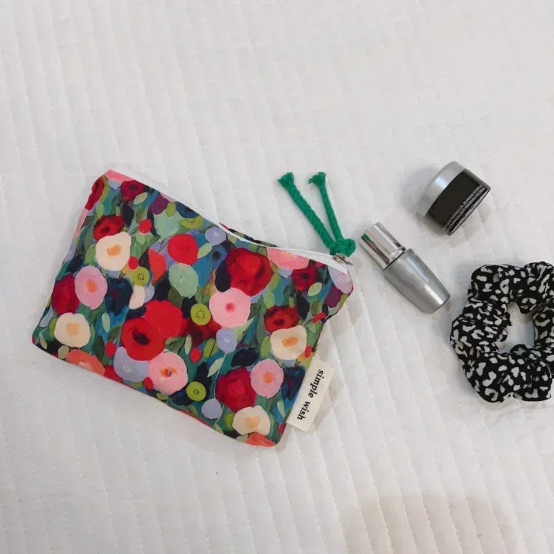 Fresh Floral Print Cotton Lipstick Purse Mini Storage Small Cloth Bag Headphone Bag Travel Cosmetic Pouch Make Up Storage Bag