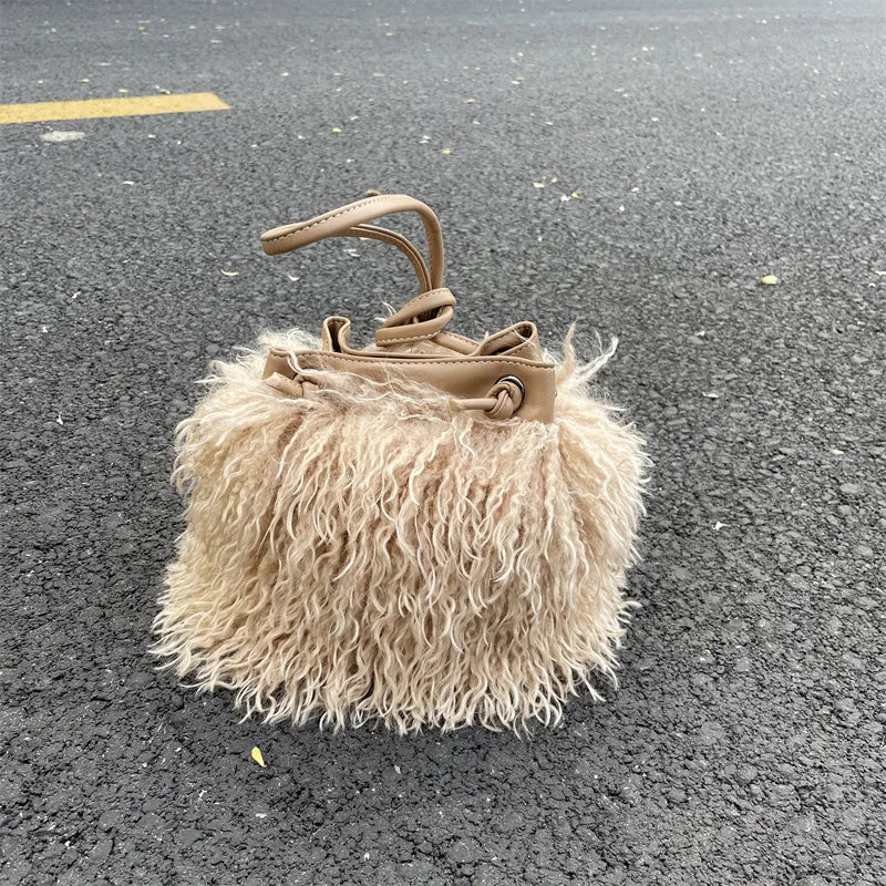 Luxury Colorful Tassels Furry Drawstring Bucket Bag Women Plush Handbag Harajuku Street Punk Y2k Hot Girls Faux Fur Shoulder Bag
