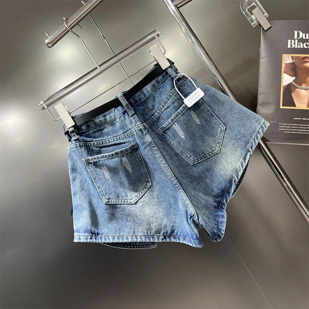 Women's Elastic Bud Denim Shorts High Waist Pocket Loose Wide Leg Jeans Pants Streetwear Casual Summer Fashion Short Pants