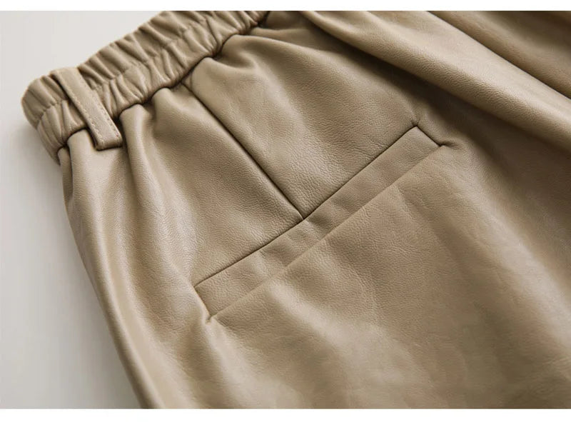 QOERLIN S-4XL Fashion PU Leather Shorts Women's Autumn Winter Bermuda Elastic Waist Loose Five Points Leather Trousers Shorts