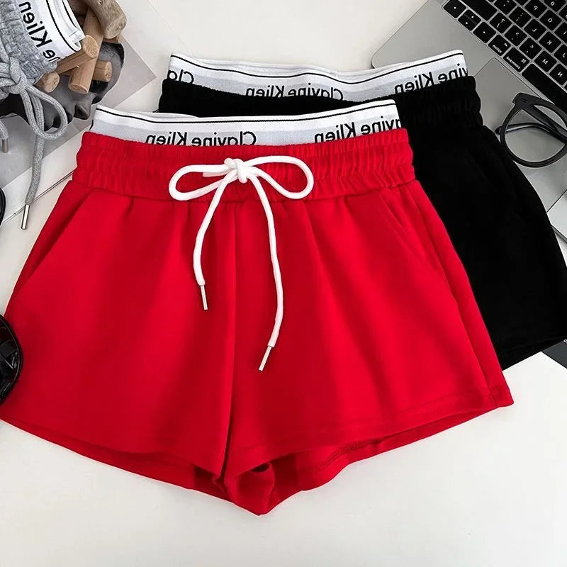High Waist Drawstring Elastic Shorts Casual Sports Hot Pants Women's Summer New Letter Print Slimming Fake Two-Piece Pants