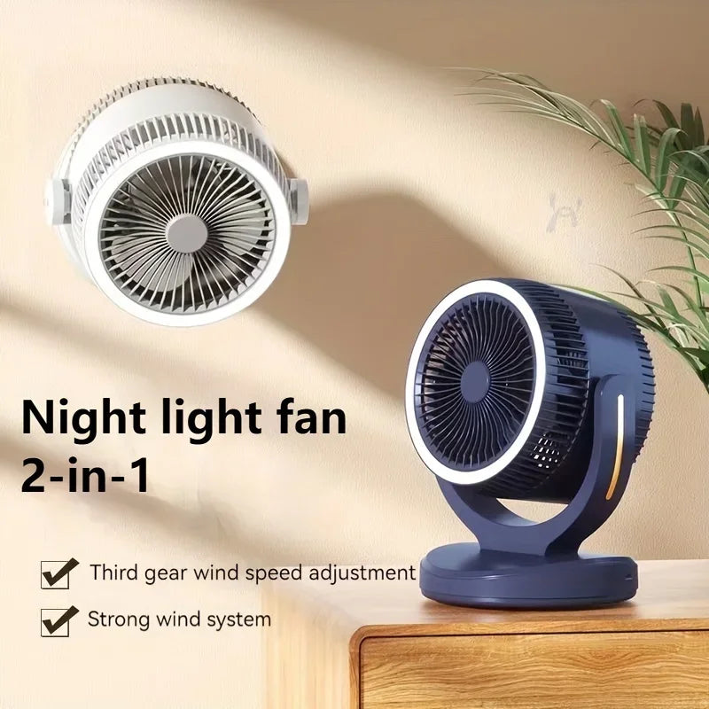 360-Degree Rotatable White Desk Fan with Night Light Charging Air Cycle Desktop Fan Adjustable Airflow for Indoor & Outdoor Use