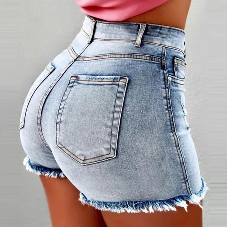 Denim Shorts Women Vintage Jeans Tassel Washed Distressed Skinny Mid Waist Pockets Streetwear Female 2025 Straight Short Pants