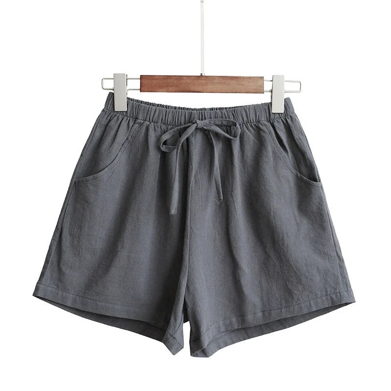 Women Solid Color Shorts High Waist Cotton And Linen Shorts Linen Slimming Loose Hot Pants Light Casual Elastic Waist Pants