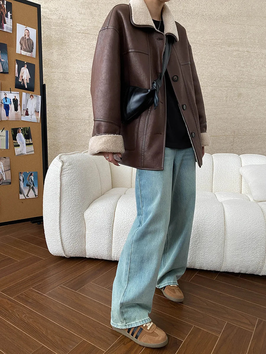 [LANMREM] Faux Fur Thick Warm Coats Lapel Single Breasted Office Lady Elegant Female Outwear Fashion 2025 Winter New 26C1095