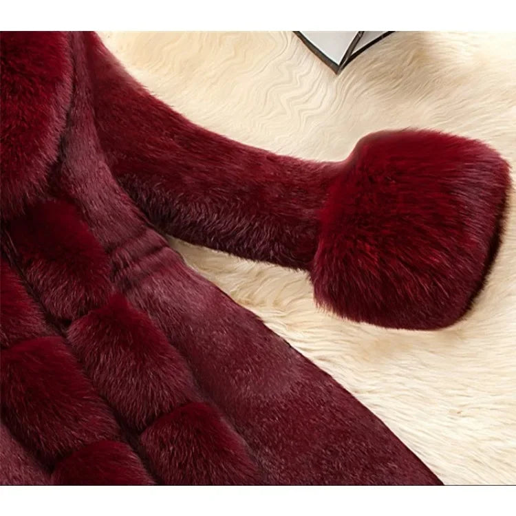 Mid-aged Fur Winter Coat Women Jacket Warm Fuzzy Faux Fur Slim Fit V Neck Overcoat Ladies Mid Length Cold-proof Winter Outerwear