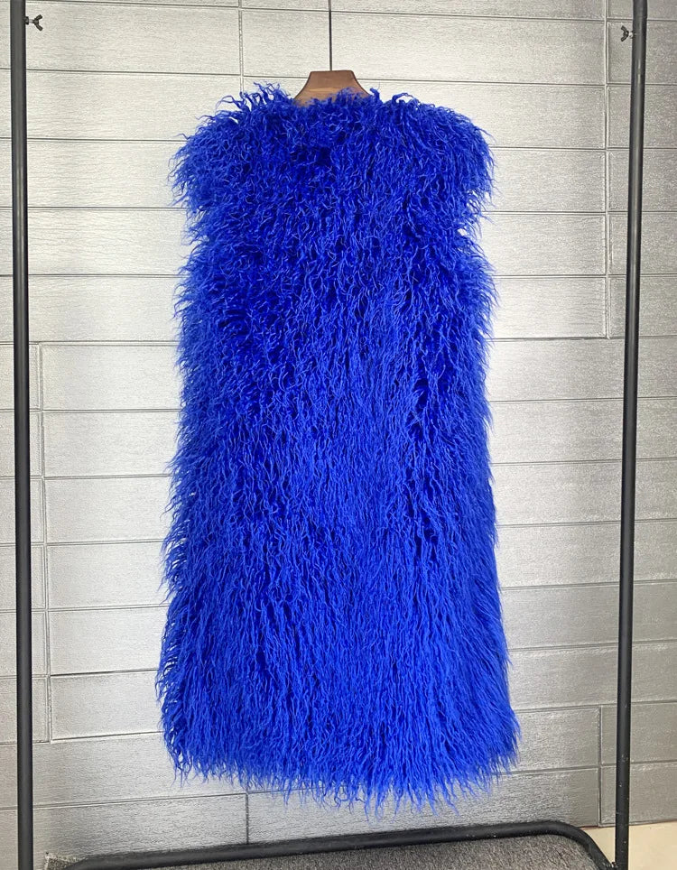 Winer Women Warm Faux Fur Plush Coats Mongolia Sheep Fur Women Long Vest Female Jacket Autumn Furry Sleeveless Outerwear 2024
