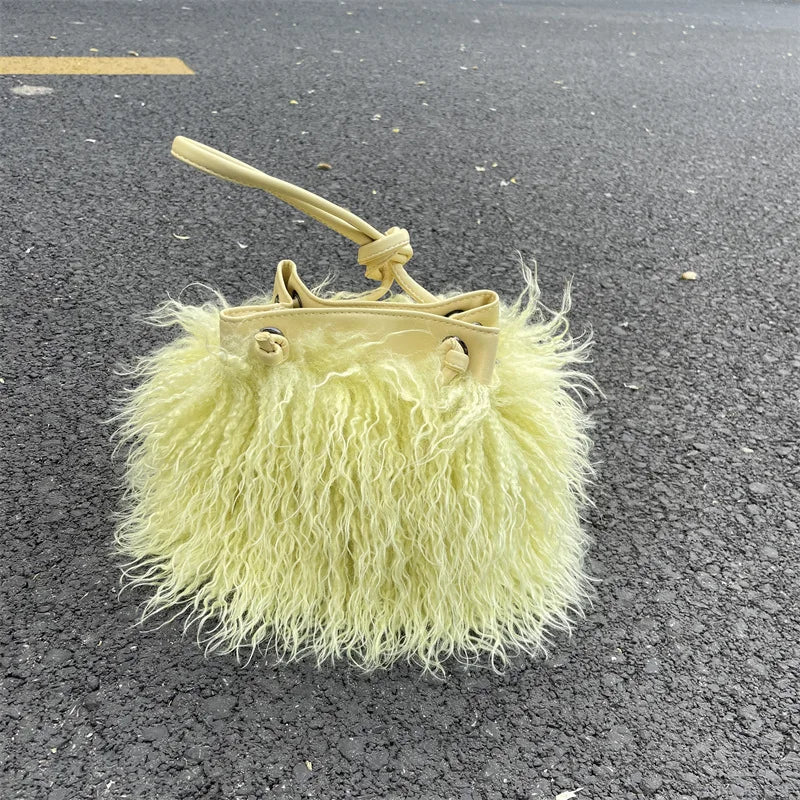 Luxury Colorful Tassels Furry Drawstring Bucket Bag Women Plush Handbag Harajuku Street Punk Y2k Hot Girls Faux Fur Shoulder Bag