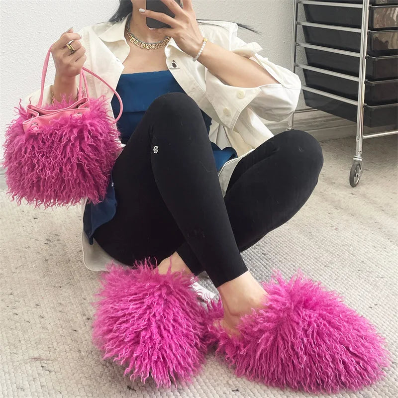 Luxury Colorful Tassels Furry Drawstring Bucket Bag Women Plush Handbag Harajuku Street Punk Y2k Hot Girls Faux Fur Shoulder Bag