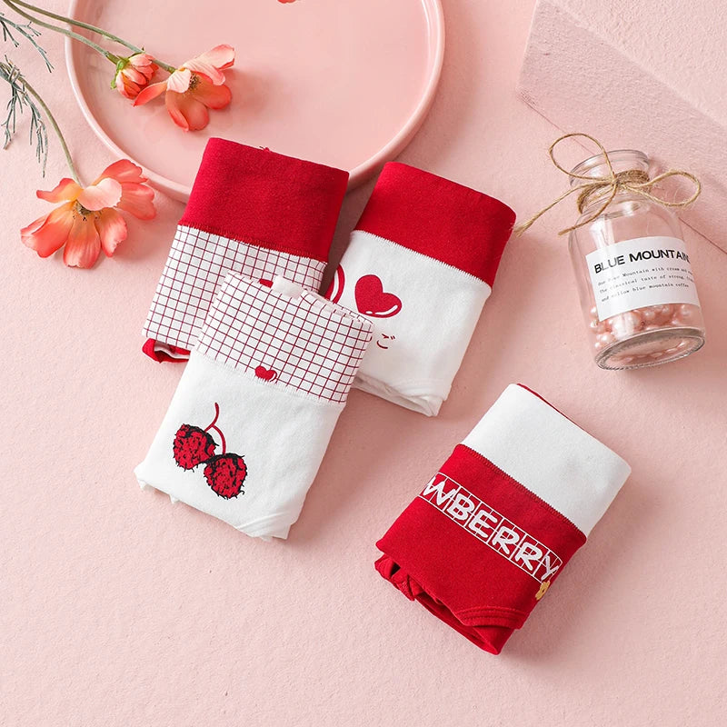 4Pcs/Set High Waist Cotton Panties Women Body Shaper Underwear Seamless Cute Girls Briefs Lucky Red Female Lingerie M-2XL