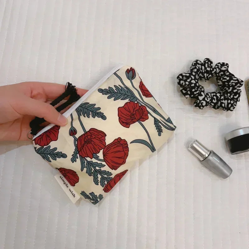 Fresh Floral Print Cotton Lipstick Purse Mini Storage Small Cloth Bag Headphone Bag Travel Cosmetic Pouch Make Up Storage Bag