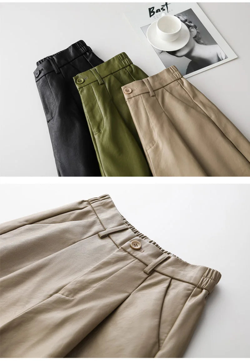 QOERLIN S-4XL Fashion PU Leather Shorts Women's Autumn Winter Bermuda Elastic Waist Loose Five Points Leather Trousers Shorts