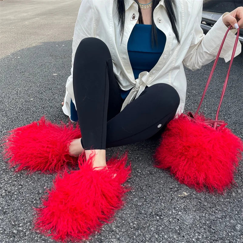 Luxury Colorful Tassels Furry Drawstring Bucket Bag Women Plush Handbag Harajuku Street Punk Y2k Hot Girls Faux Fur Shoulder Bag