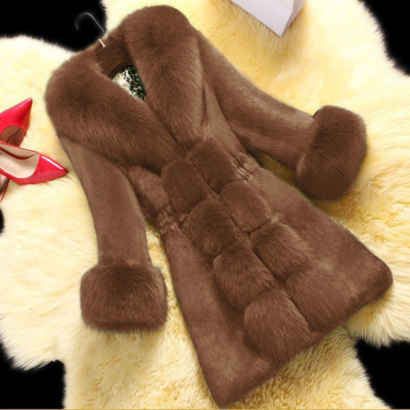 Mid-aged Fur Winter Coat Women Jacket Warm Fuzzy Faux Fur Slim Fit V Neck Overcoat Ladies Mid Length Cold-proof Winter Outerwear