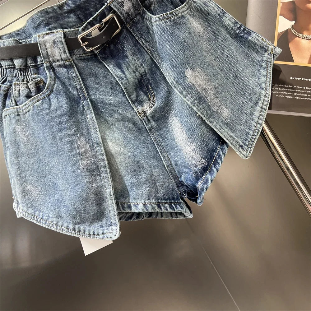 Women's Elastic Bud Denim Shorts High Waist Pocket Loose Wide Leg Jeans Pants Streetwear Casual Summer Fashion Short Pants