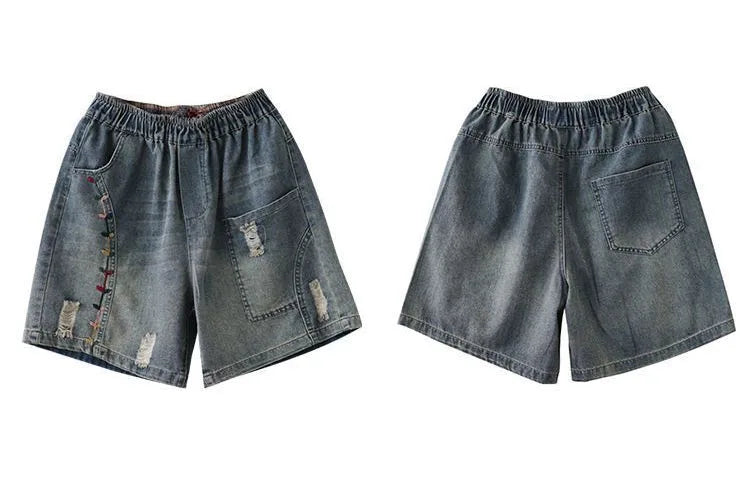 Fashion Korean High Waist Embroidery Denim Shorts for Female Summer Casual Pockets Spliced Loose Wide Leg Pants Women's Clothing
