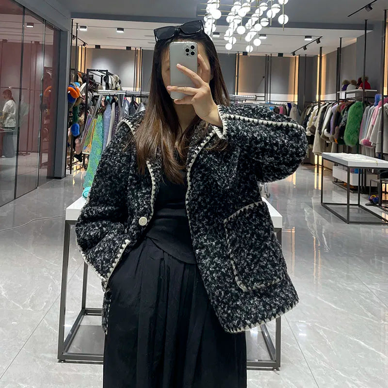 Women's Autumn Winter Coat Navy Collar Casual Fashion Thick Coat Faux Fur Jacket JFB14-24072