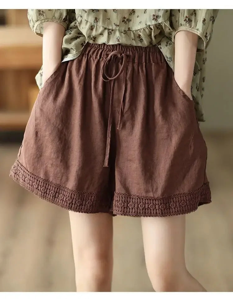 Cotton and Linen Shorts for Women Wearing Thin Mother Cotton and Linen Pants for Women Large Size Casual Linen Wide-leg Pants