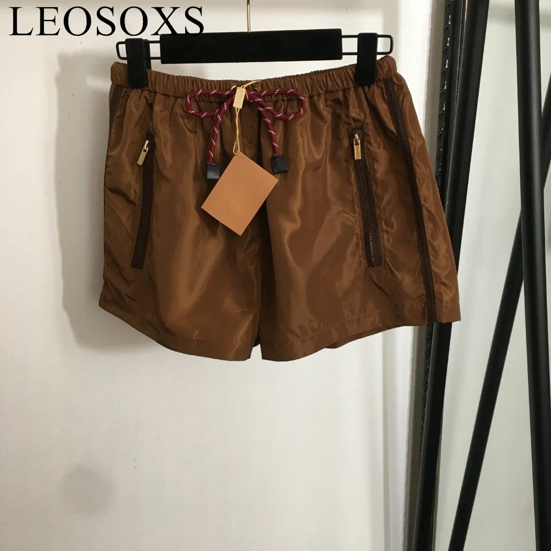 Shorts Women's Summer Elastic Lace Up Shorts Solid High Waist Brown Shorts Female Brand Design Fashion Casual Short Pants Beach