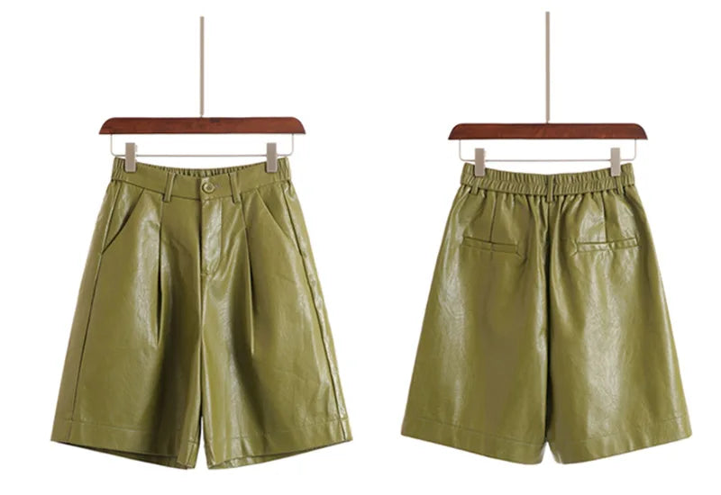 QOERLIN S-4XL Fashion PU Leather Shorts Women's Autumn Winter Bermuda Elastic Waist Loose Five Points Leather Trousers Shorts