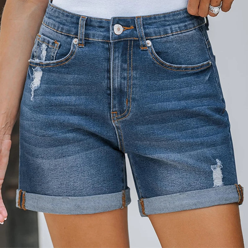High Street Worn-Out Rolled Women Jean Shorts Summer New Straight Slimming Denim Shorts Korean Fashion Plain Female Hot Pants