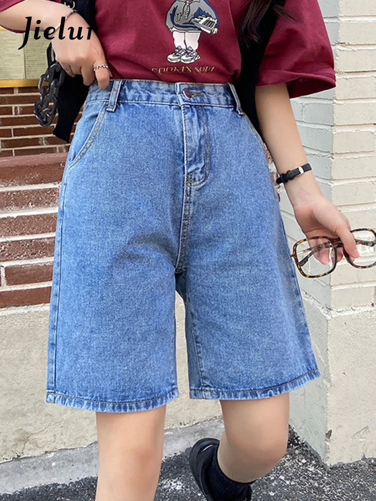 Jielur New Summer Women Vintage Wide Leg Straight Denim Shorts Streetwear Female Loose High Waist Retro Ladies Jeans Shorts