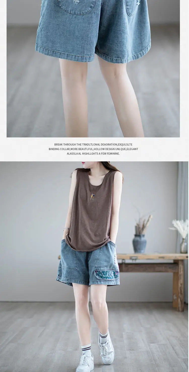 Fashion Korean High Waist Embroidery Denim Shorts for Female Summer Casual Pockets Spliced Loose Wide Leg Pants Women's Clothing