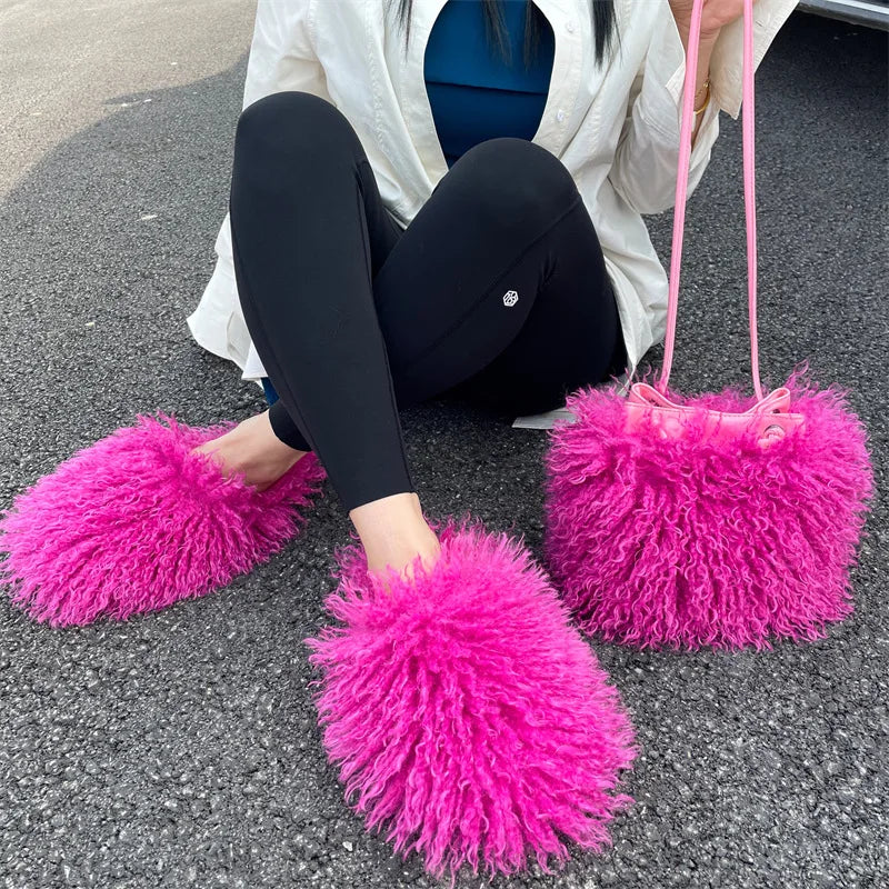 Luxury Colorful Tassels Furry Drawstring Bucket Bag Women Plush Handbag Harajuku Street Punk Y2k Hot Girls Faux Fur Shoulder Bag