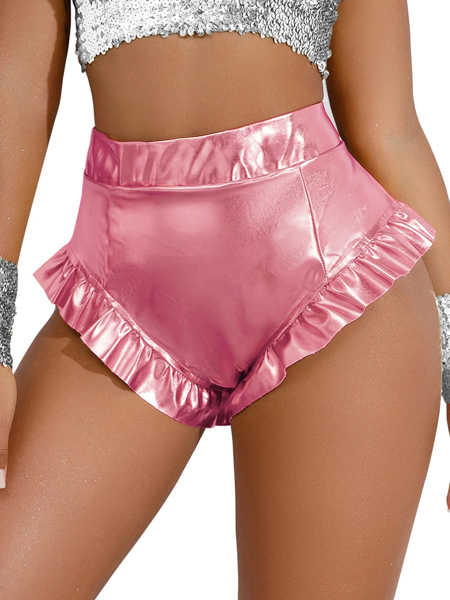 Women PU Leather Shorts Sexy Ruffle Metallic Booty Shorts High Waist Hot Pants Shiny Slim Fit Club Dance Shorts Festival Bottoms
