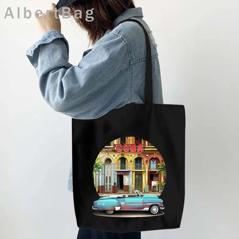 Cuba Country Map Flag Havana Travel Cuban Watercor Shopper Harajuku Canvas Totes Bag Cubana Girl Gift Love Heart Cotton Handbags
