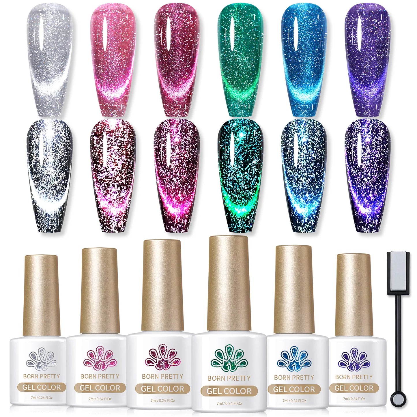 BORN PRETTY 6PCS Pink Ocean Cat Nail Gel Polish Set With Magnet Stick Jelly Holographics Magnetic Nail Kit Salon Art Manicure