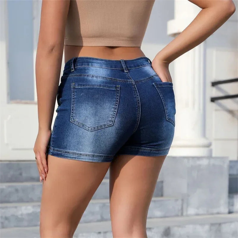 Women Workwear Pockets Patchwork Denim Shorts Female High Waist Slim Fit Three Quarter Pants Casual Commuter Straight Mini Jeans
