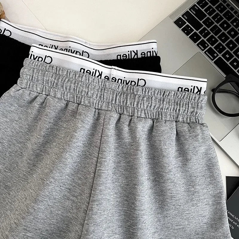 High Waist Drawstring Elastic Shorts Casual Sports Hot Pants Women's Summer New Letter Print Slimming Fake Two-Piece Pants