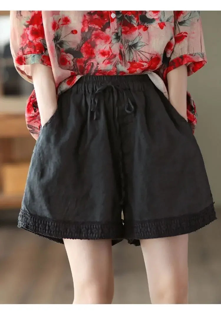 Cotton and Linen Shorts for Women Wearing Thin Mother Cotton and Linen Pants for Women Large Size Casual Linen Wide-leg Pants