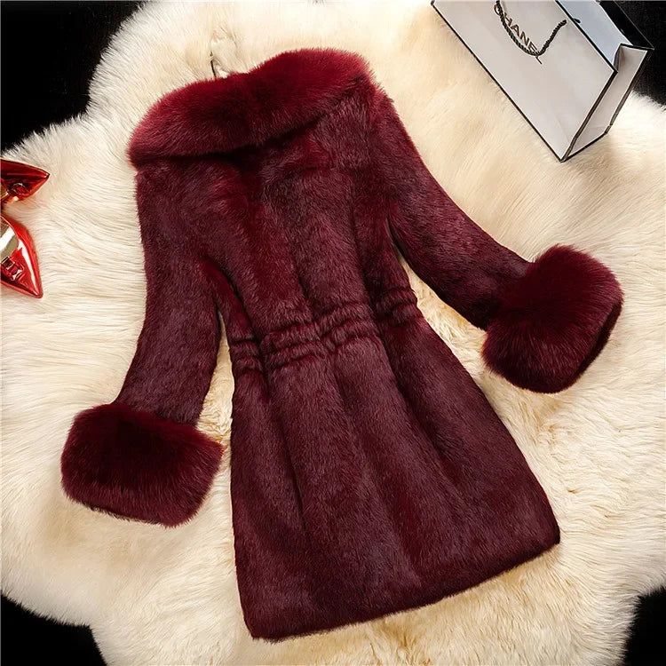Mid-aged Fur Winter Coat Women Jacket Warm Fuzzy Faux Fur Slim Fit V Neck Overcoat Ladies Mid Length Cold-proof Winter Outerwear