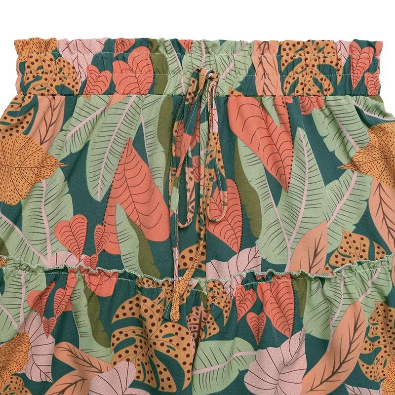 Tropical plant print faux style shorts for women in the summer of 2025, with a loose and comfortable waist