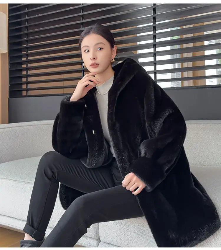 Faux Mink Fur Coat for Women,Covered Button Jackets,Hooded Overcoat,Female Clothes,Thicken Warm,Winter,New, 2025
