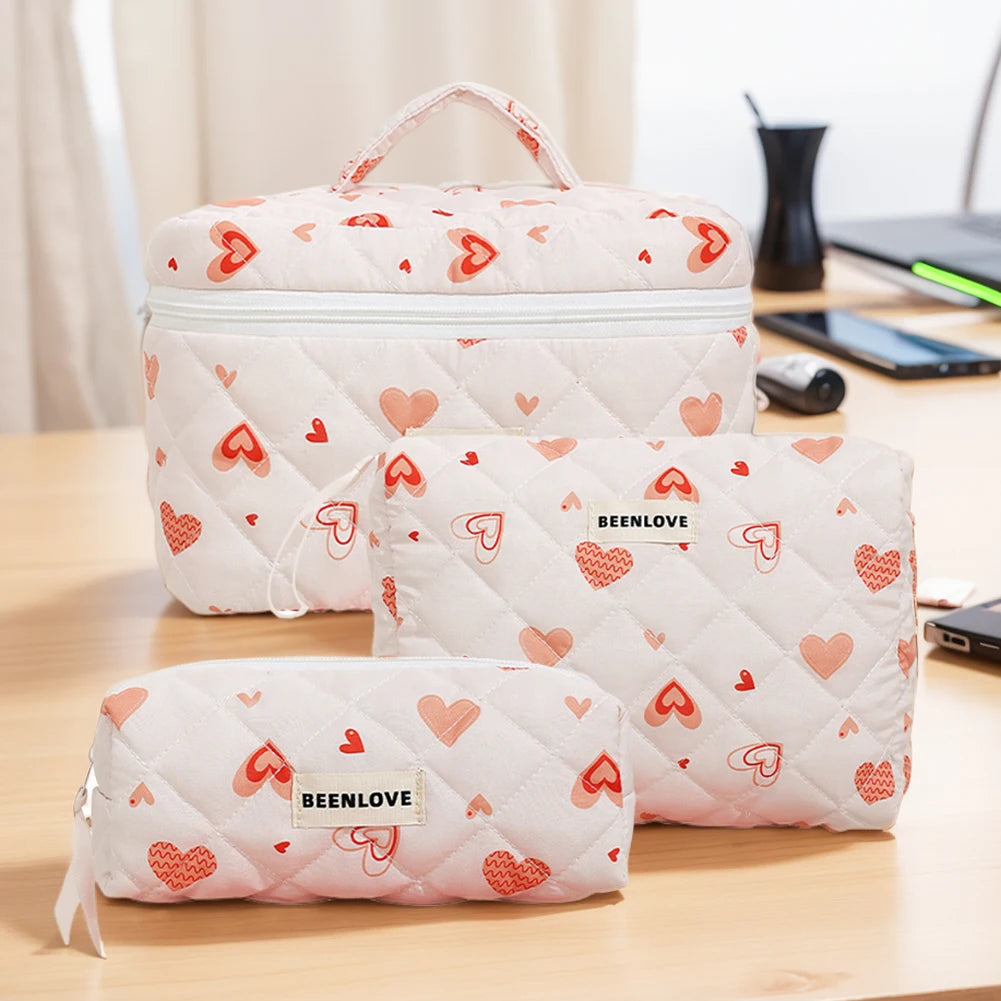 3pcs Aesthetic Cosmetic Organizer Set Quilted Cotton Sweet  Women Makeup Pouch Cherry/Heart Pattern Skincare Clutch Toiletry Bag