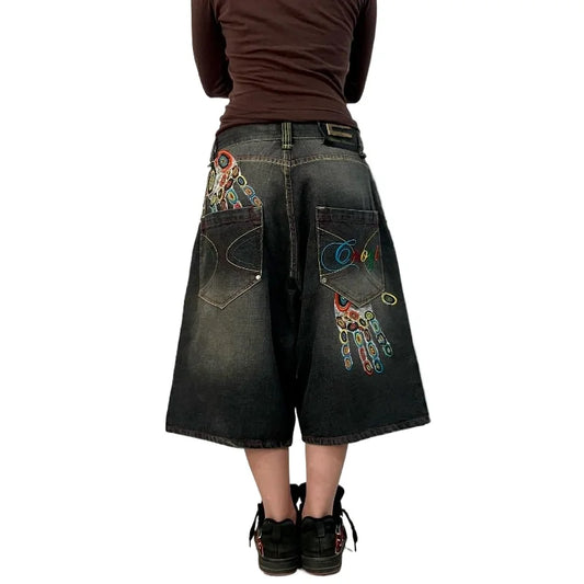 Vintage Fashion New Letter Geometric Embroidery Baggy Denim Shorts Women Y2K Gothic Hip Hop Casual High-waisted Cropped Trousers