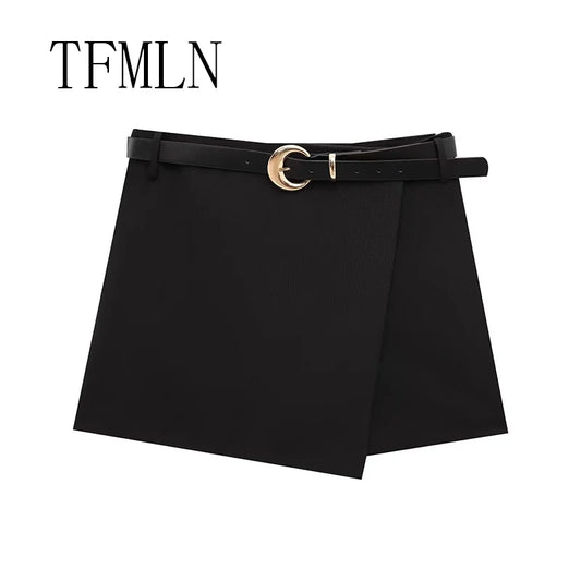 TFMLN New Fashion Women Shorts Skirt Causal Side Zipper Mini Shorts With Belt Skirts Vintage High Waist Streetwear Shorts Skirts